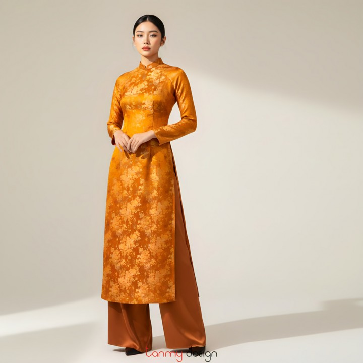 Set Áo Dài Tân Xuân gấm hoa nhí vàng F